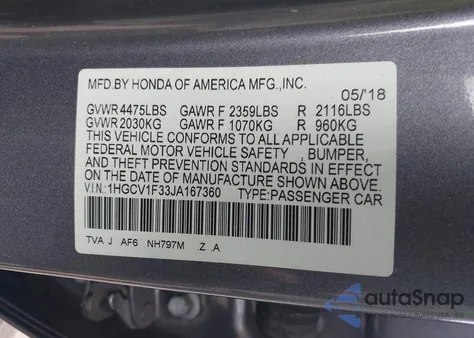2018 Honda Accord Sport from USA, damaged, VIN 1HGCV1F33JA167360